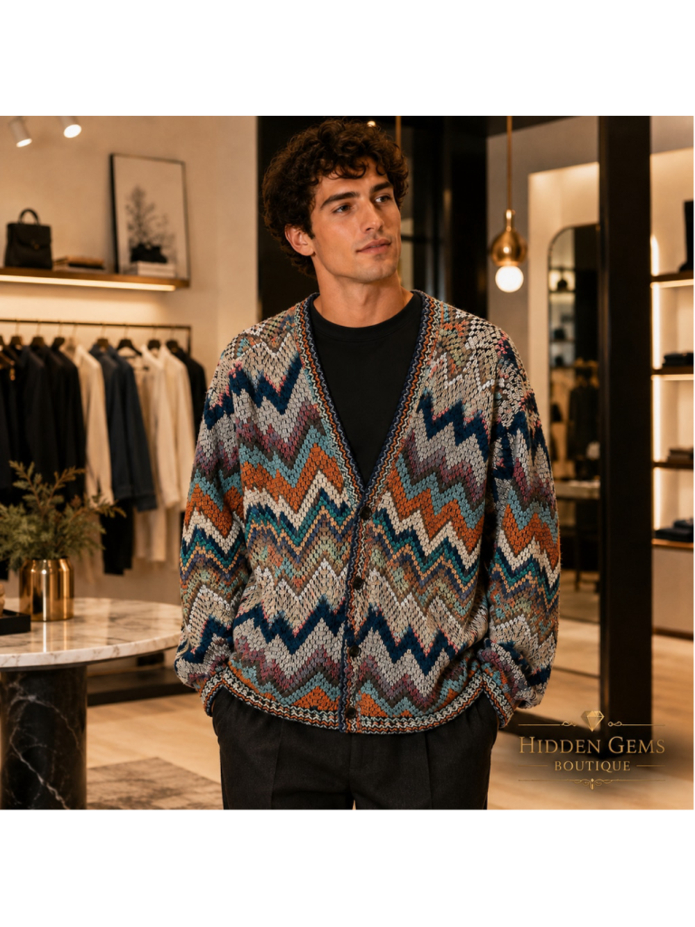 Men's Bachrach Geometric Knit Cardigan XL Multi-color Black